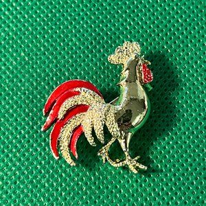 Vintage Gerry's Red Enamel Gold Tone Rooster Signed Brooch Pin